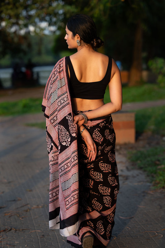 Natural dyed Bagh print sarees - Chitara - Gul