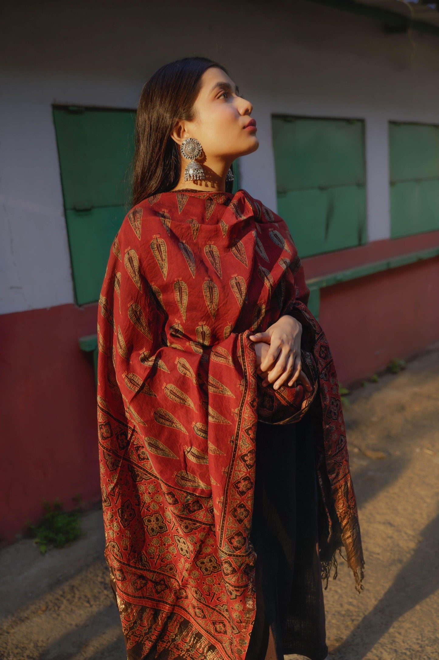 Kaisori Ajrakh Red Silk cotton dupatta Kaisori