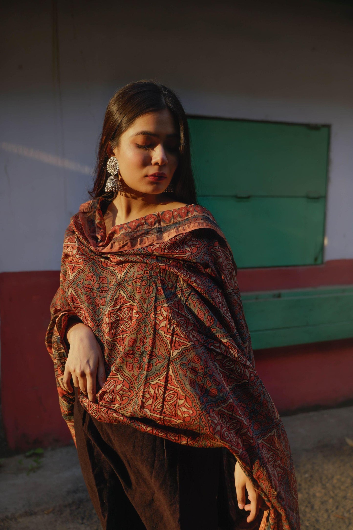 Kaisori Ajrakh Triad Red and Brown Silk cotton dupatta Kaisori