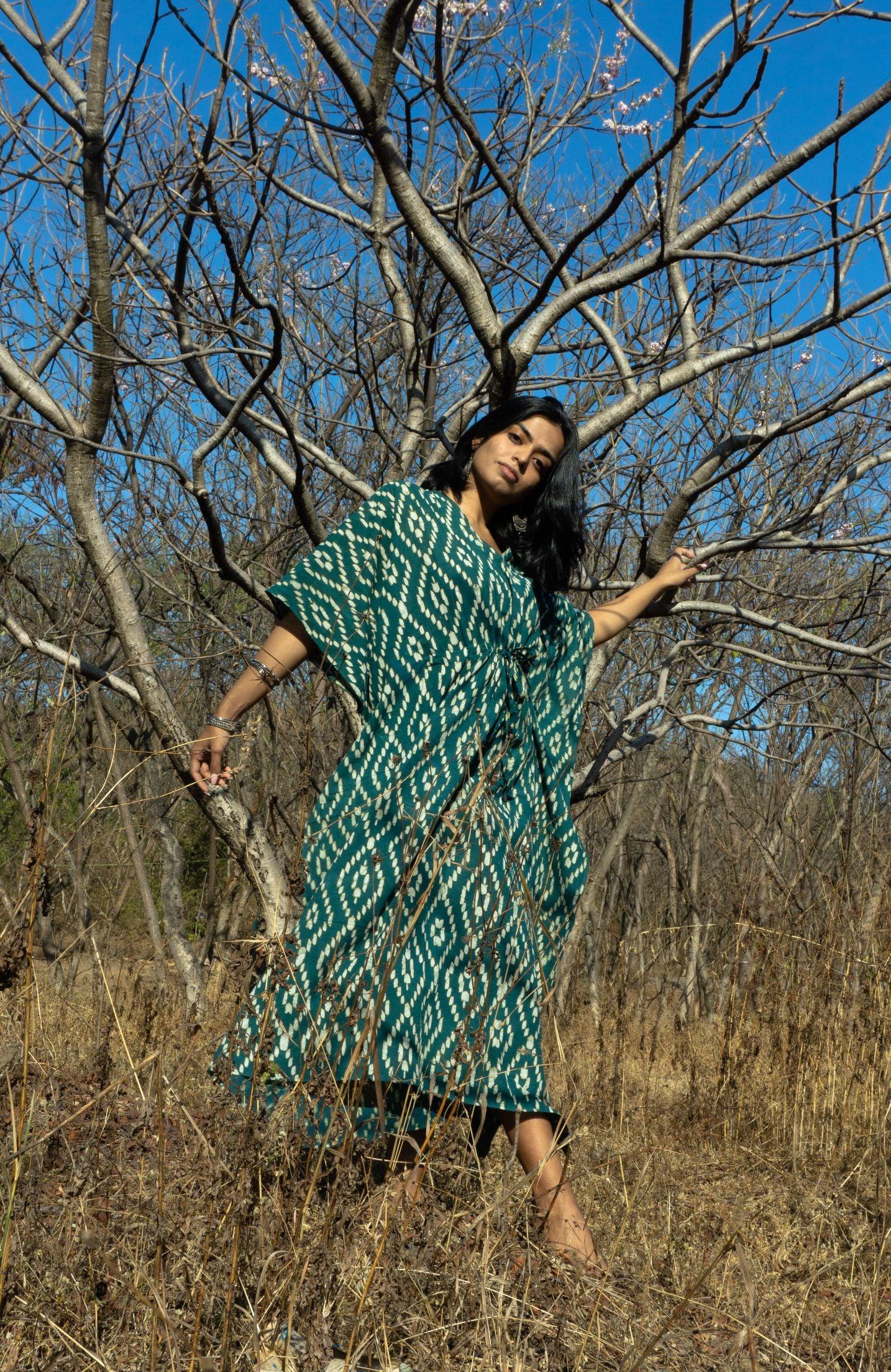 Kaisori Cubic print Mulmul natural dyed green Kaftan Kaisori