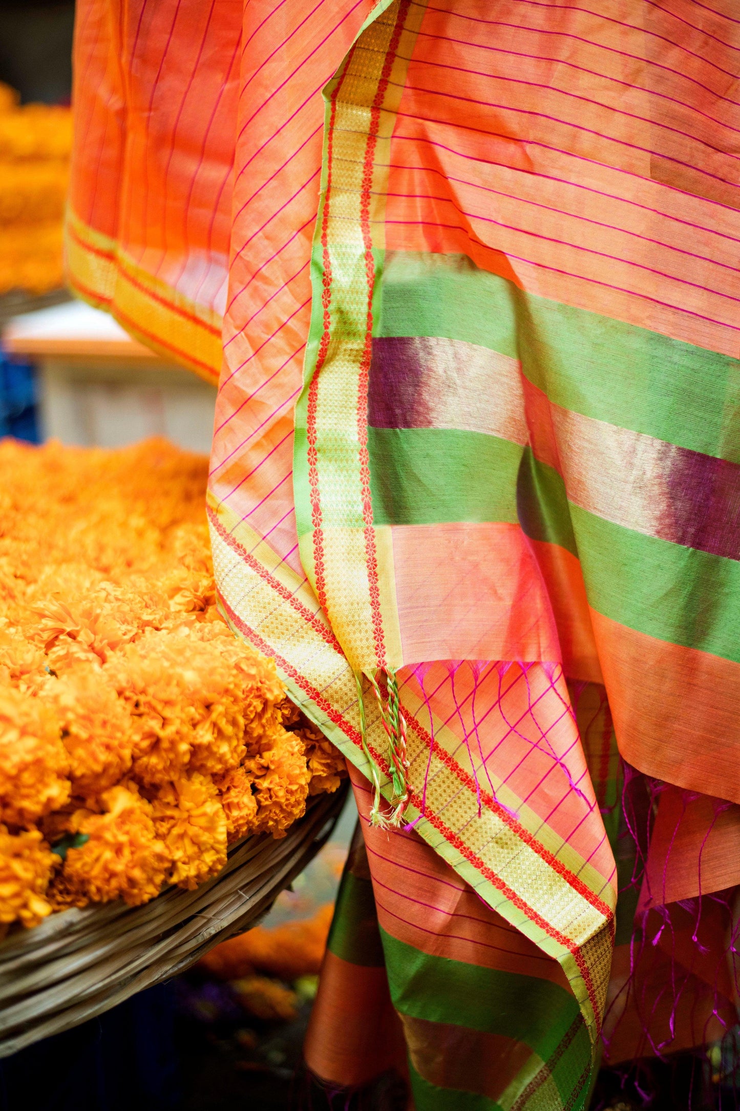 Kaisori Maheshwari -Orange silk cotton zari dupatta Kaisori