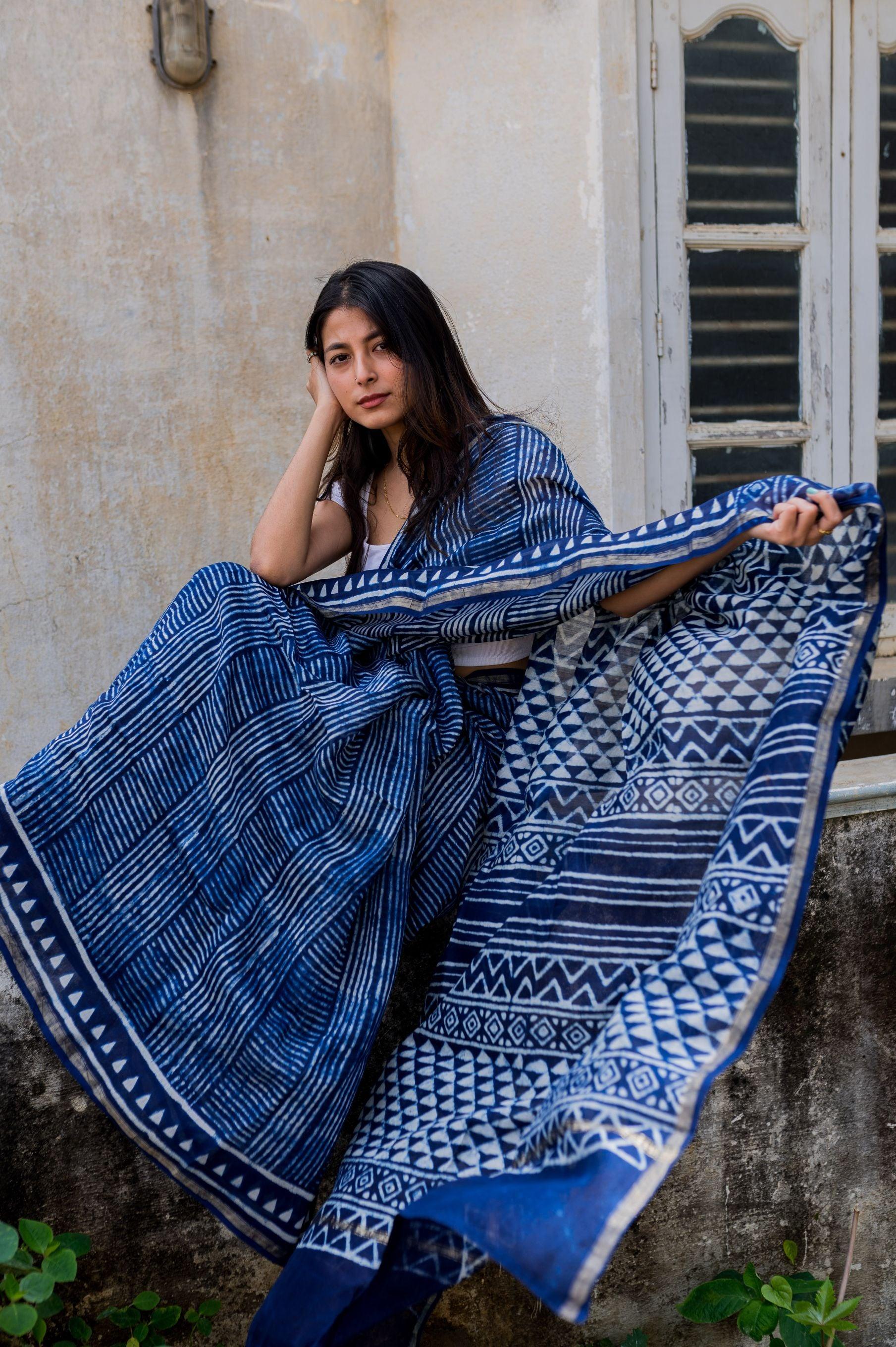 Kaisori Malhar - Dabu Stripes Indigo Silk Cotton saree, silk cotton 
