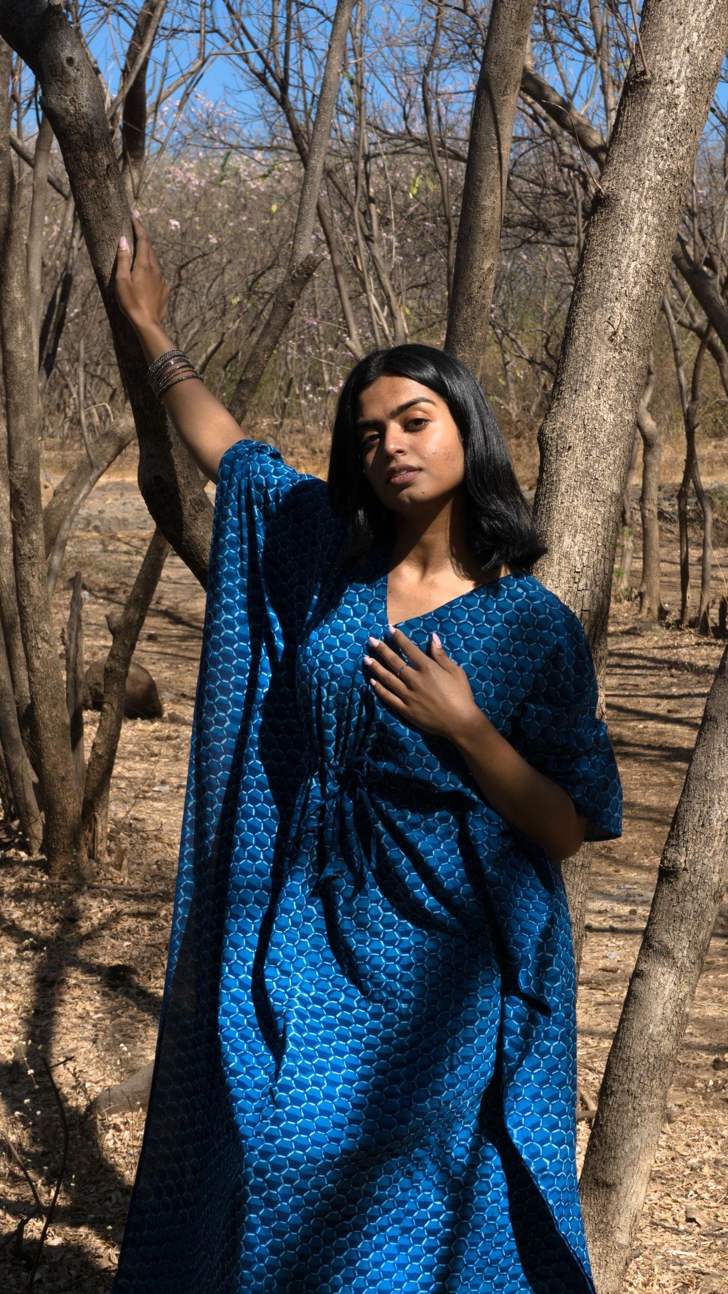 Kaisori Mulmul Chanda natural dyed Indigo block printed Kaftan Kaisori