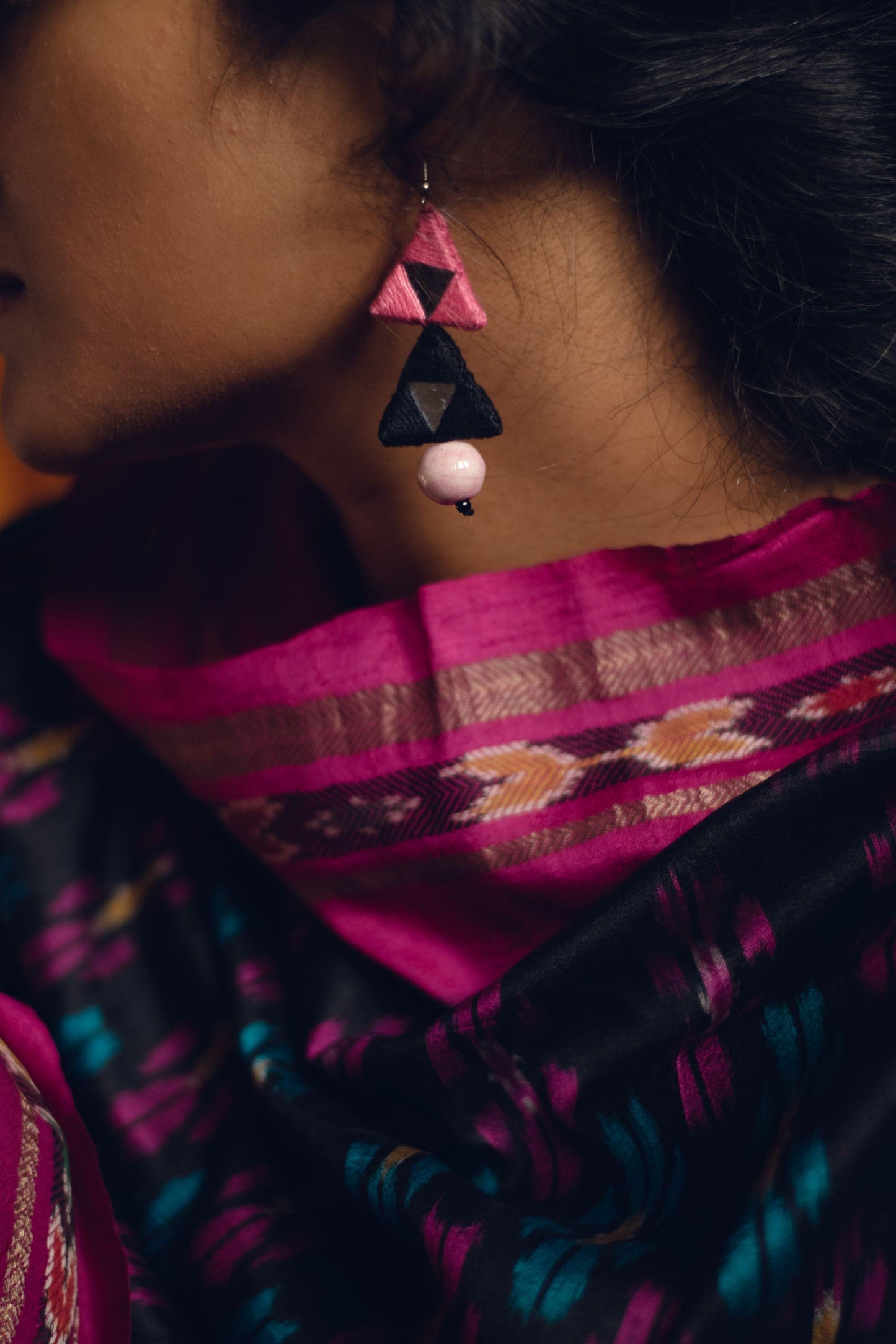 Kaisori Triad thread pottery earrings - pink and white Kaisori