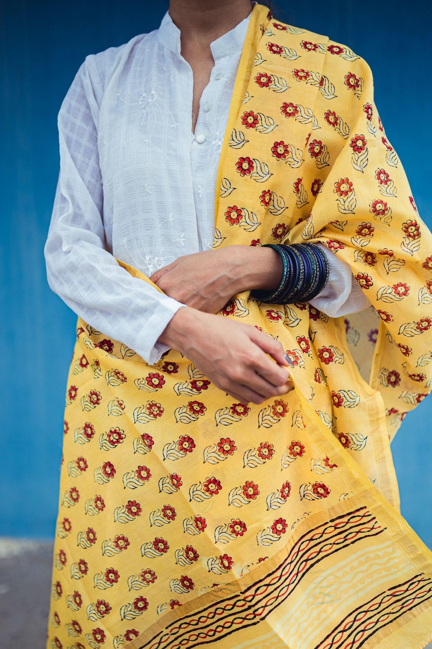 Kaisori Yellow Chanderi Dupatta - Floral Kaisori