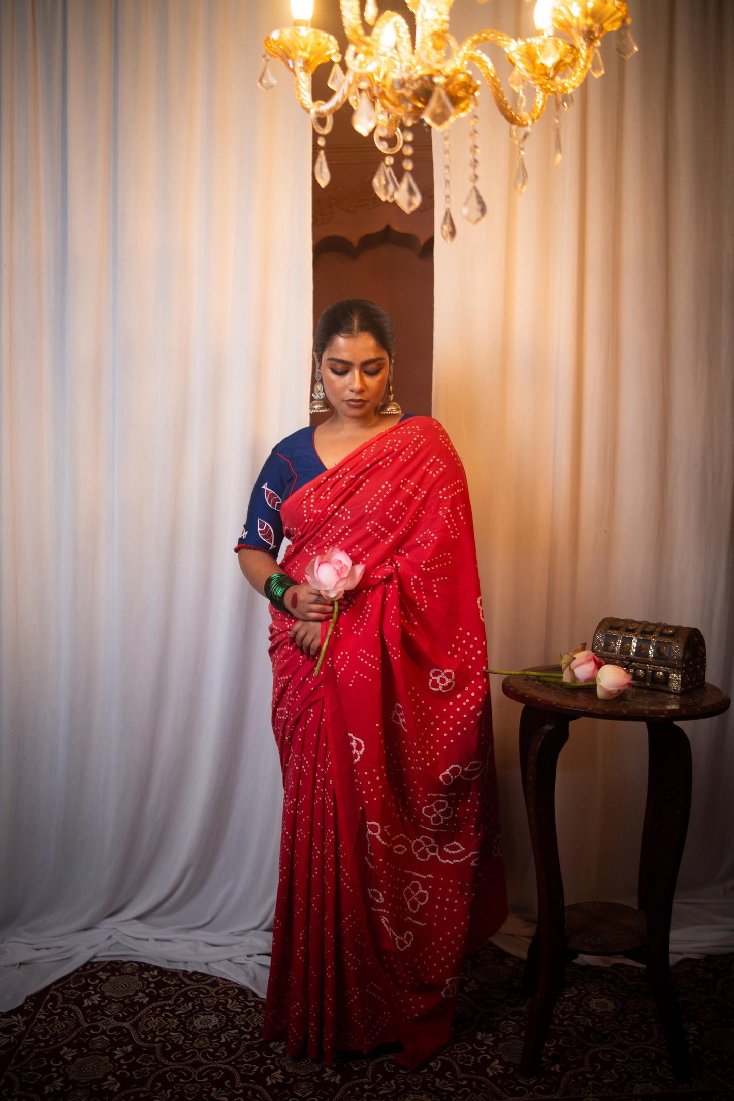 Hand knotted Kutchi Bandhani vermillion cotton saree - Boondh