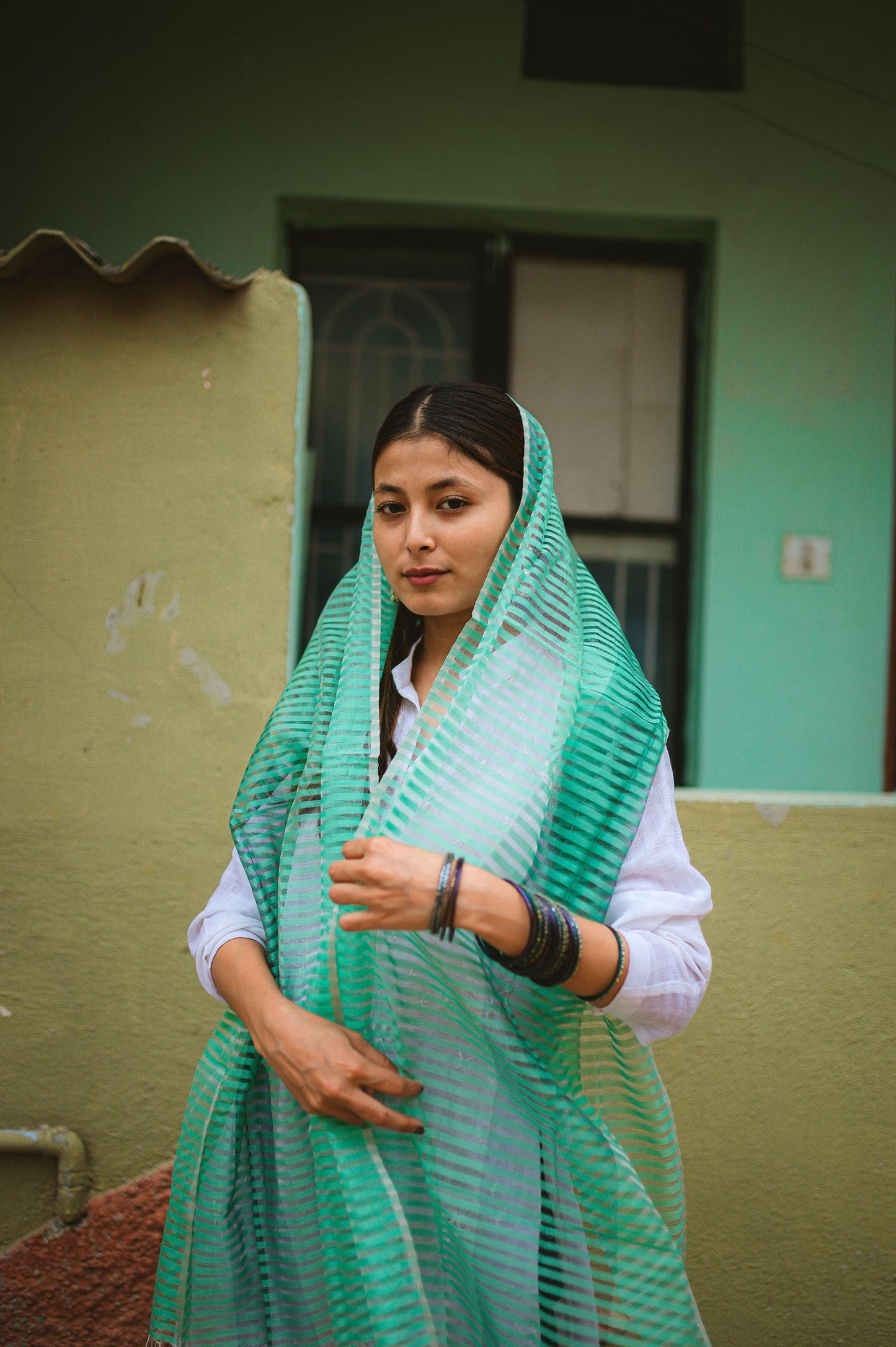 Maheswari handloom stole - Green Kaisori