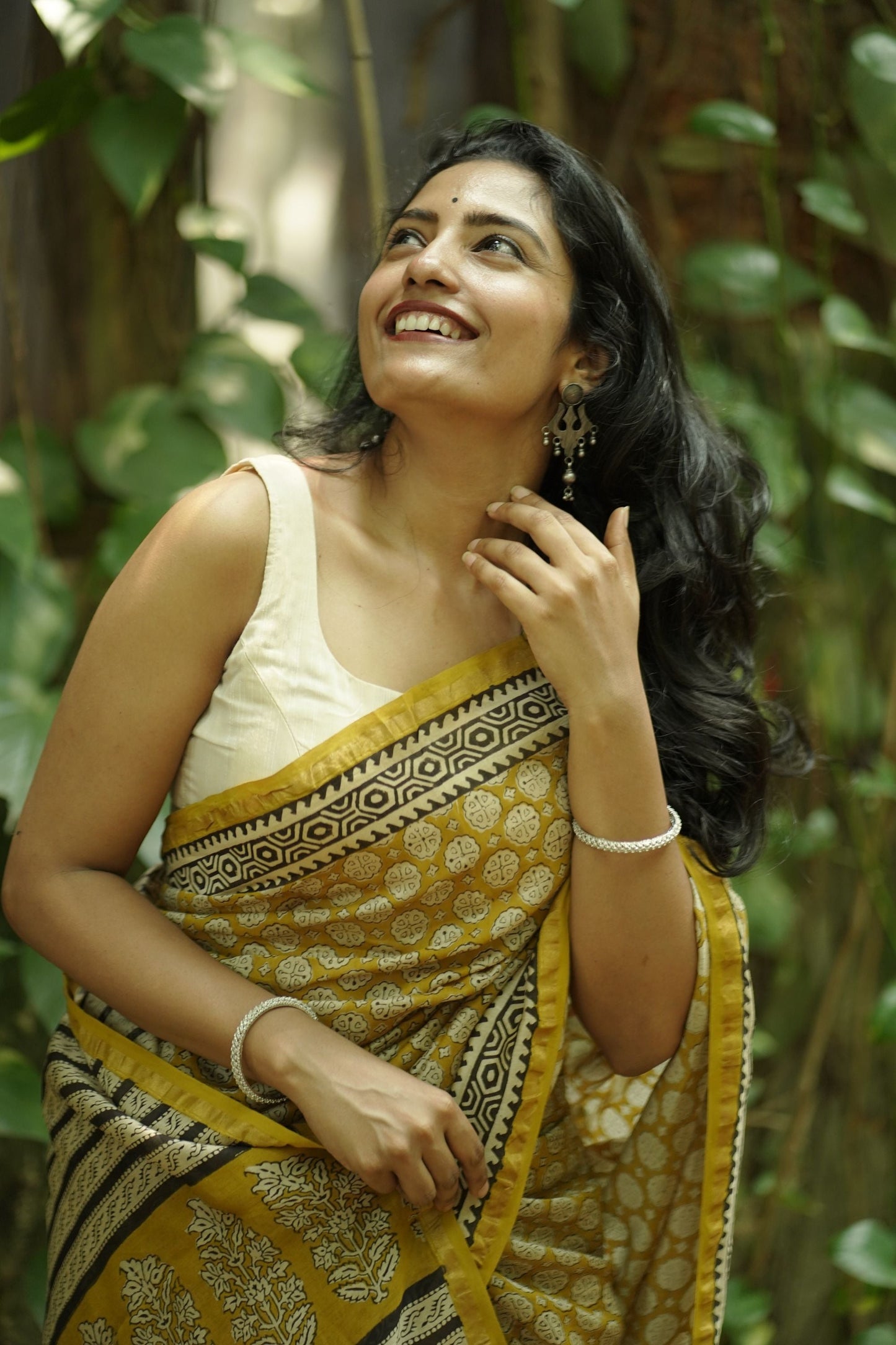 Roheda Bagru Syahi Begar yellow black silk cotton saree Kaisori