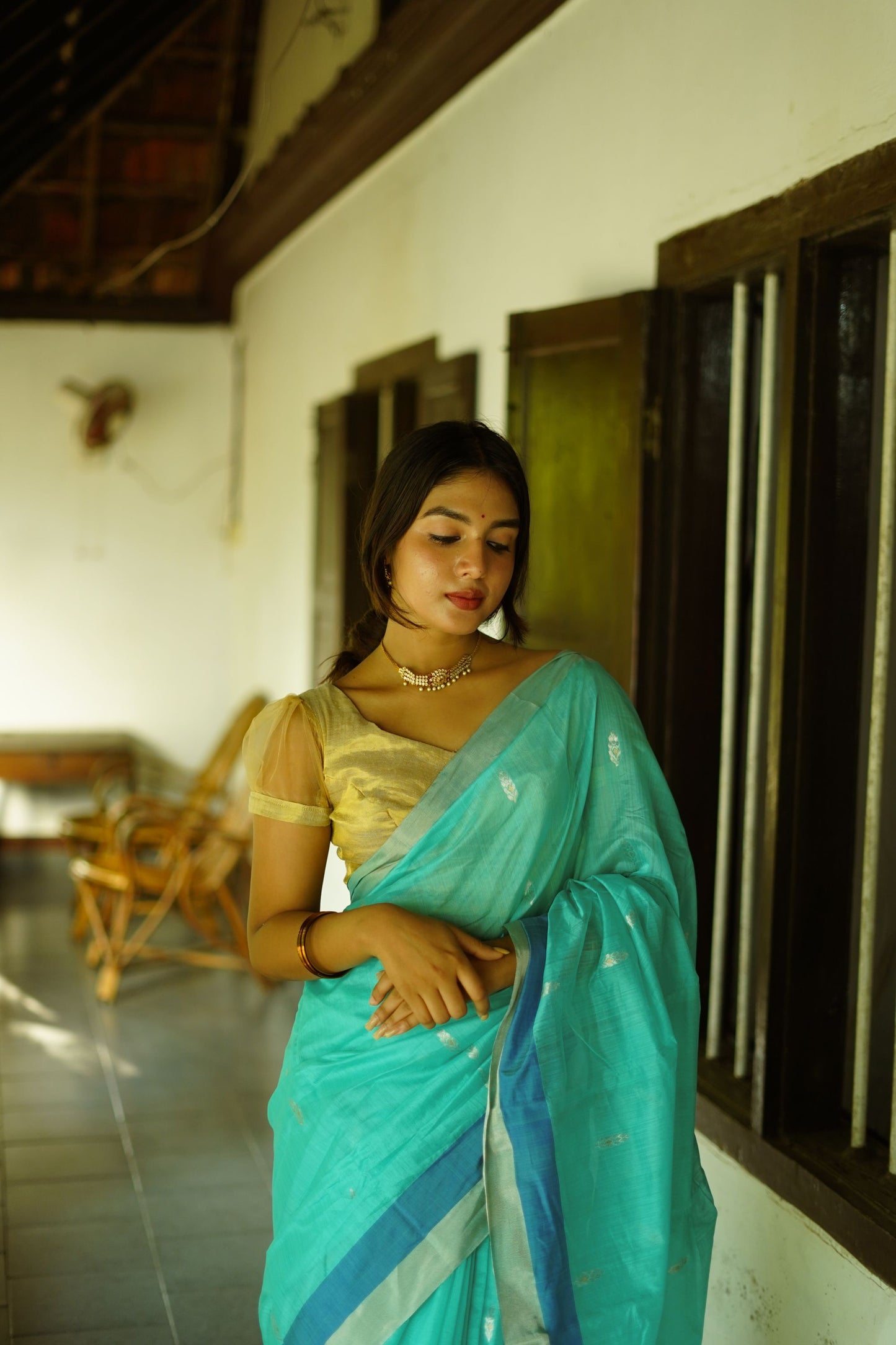 Utsav light Blue silk cotton silver Zari Chanderi Saree Kaisori