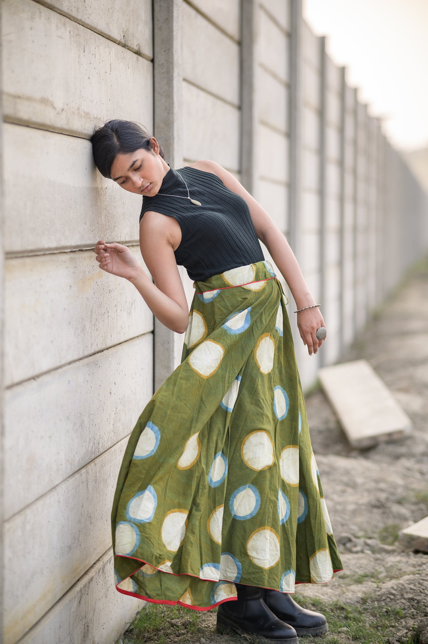 Natural dyed cotton long light green skirt -Noor - Ahira