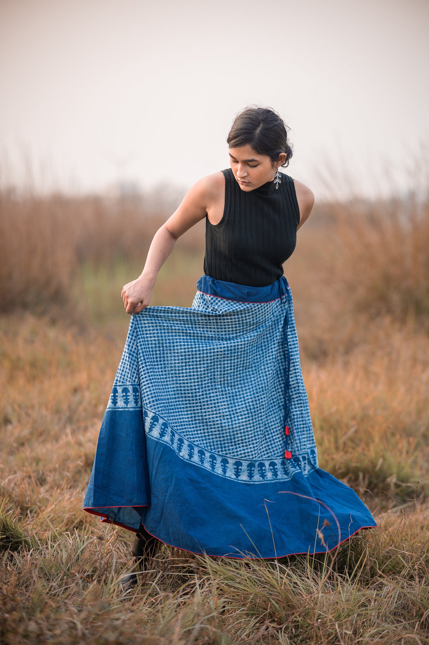 Natural dyed cotton long indigo print skirt -Noor - Asma