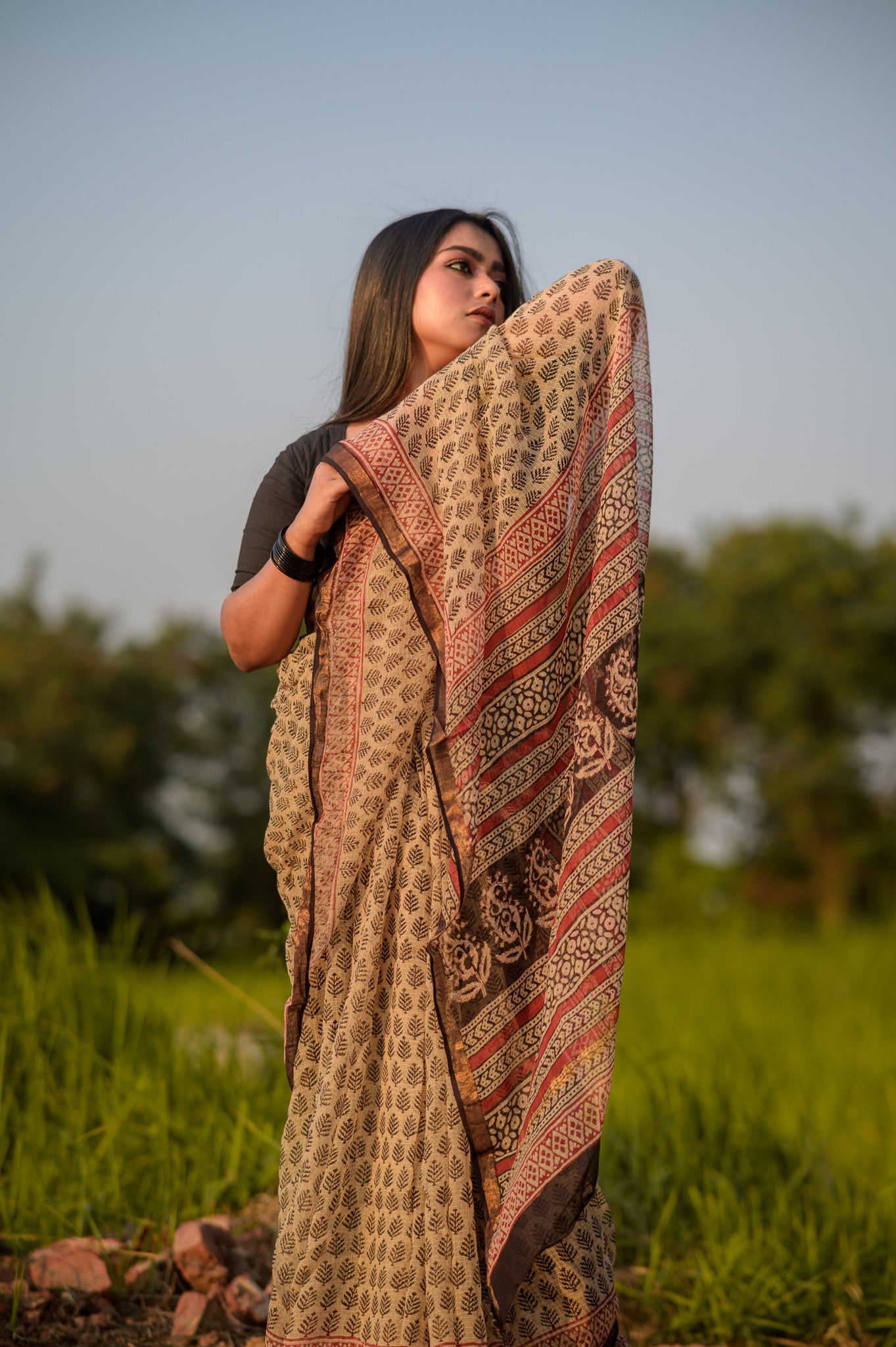 Natural dyed Bagru saree - Roheda Kota Mohini handblock printed saree