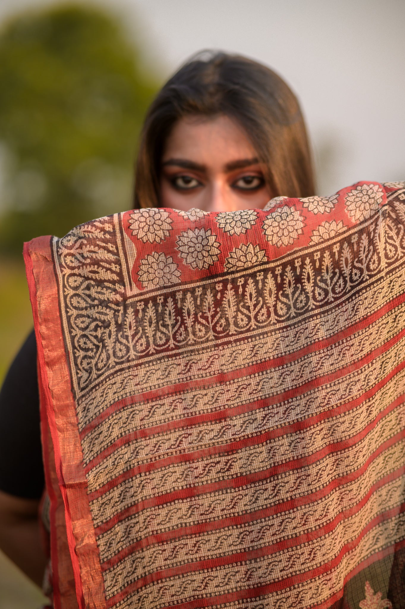 Natural dyed Bagru saree - Roheda Kota Chand handblock printed saree
