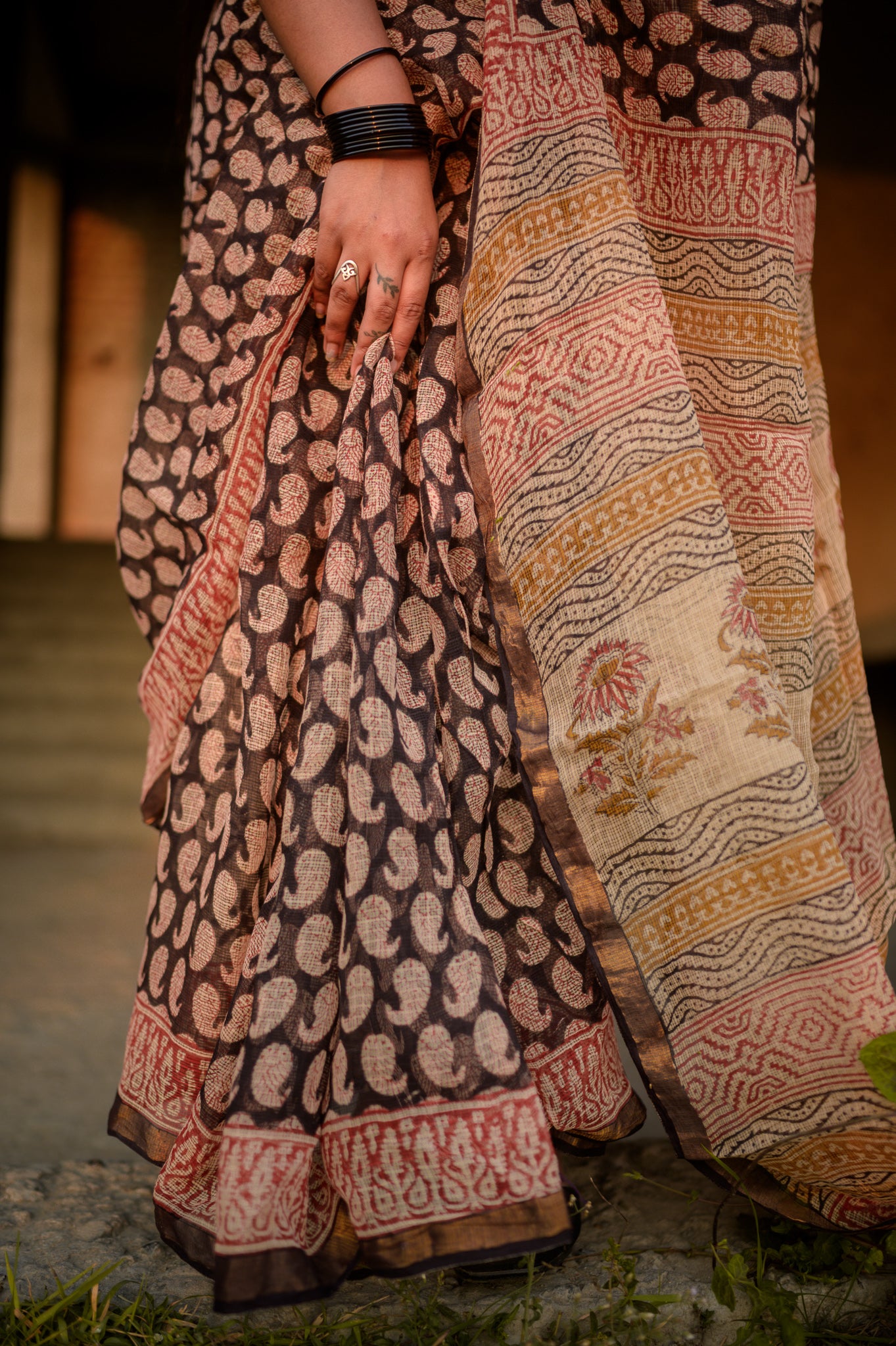 Natural dyed Bagru saree - Roheda- Kairi Kota handblockprinted saree