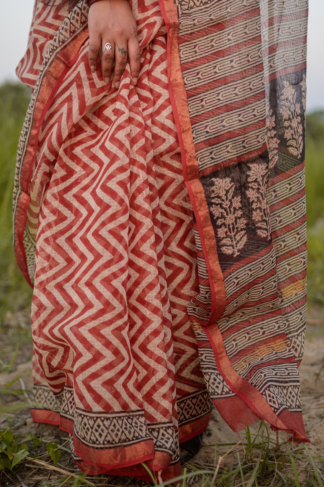 Natural dyed Bagru saree - Roheda Kota Chevron handblock printed saree