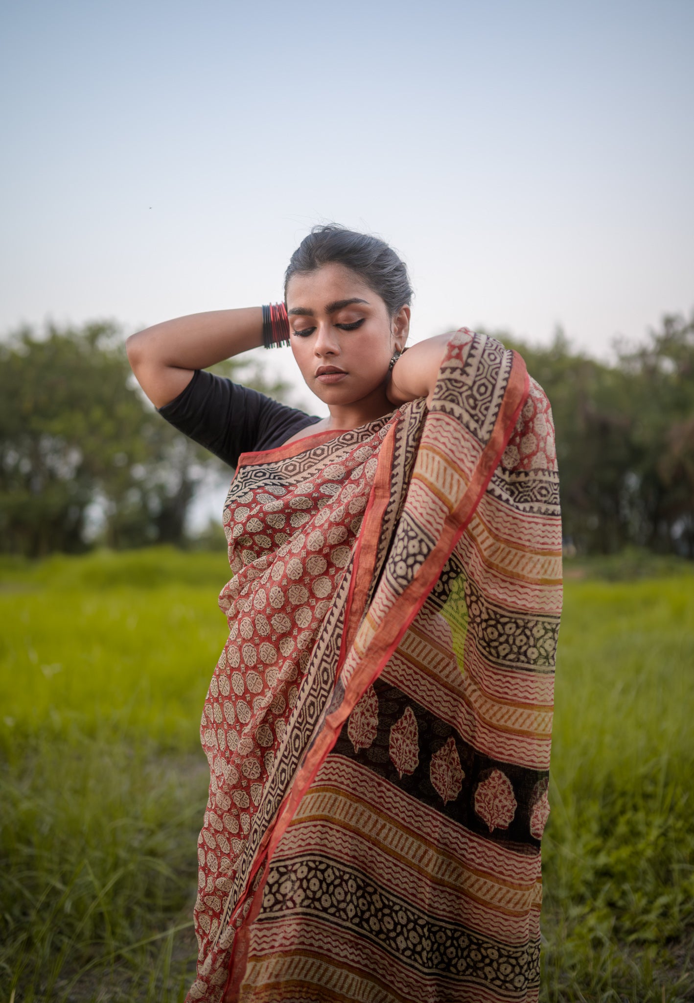 Natural dyed Bagru saree - Roheda Kota Kamal handblock printed saree