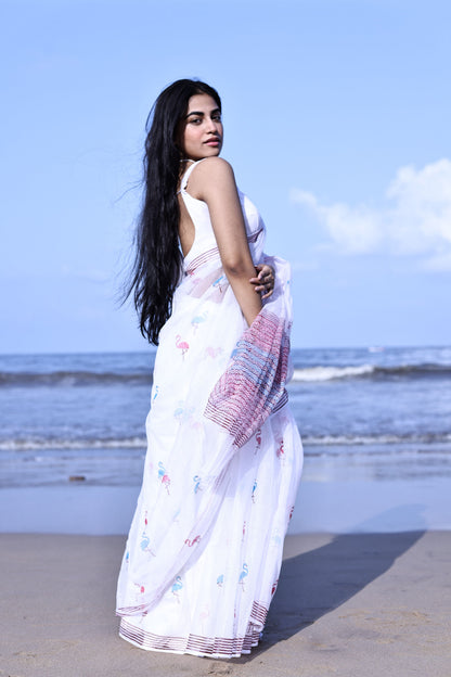 Kaisori Bagh Flamingo Kota blockprinted silk cotton saree