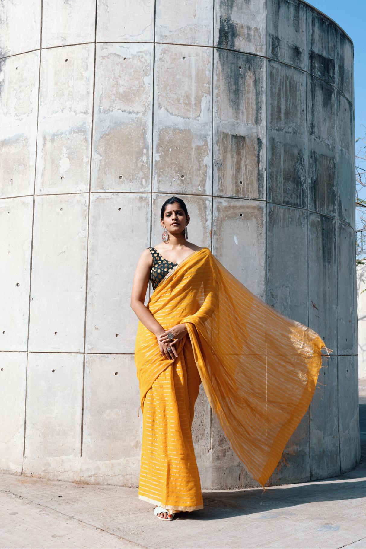 Celebrating Bengal craft traditions - Sitara- Mustard zari cotton saree