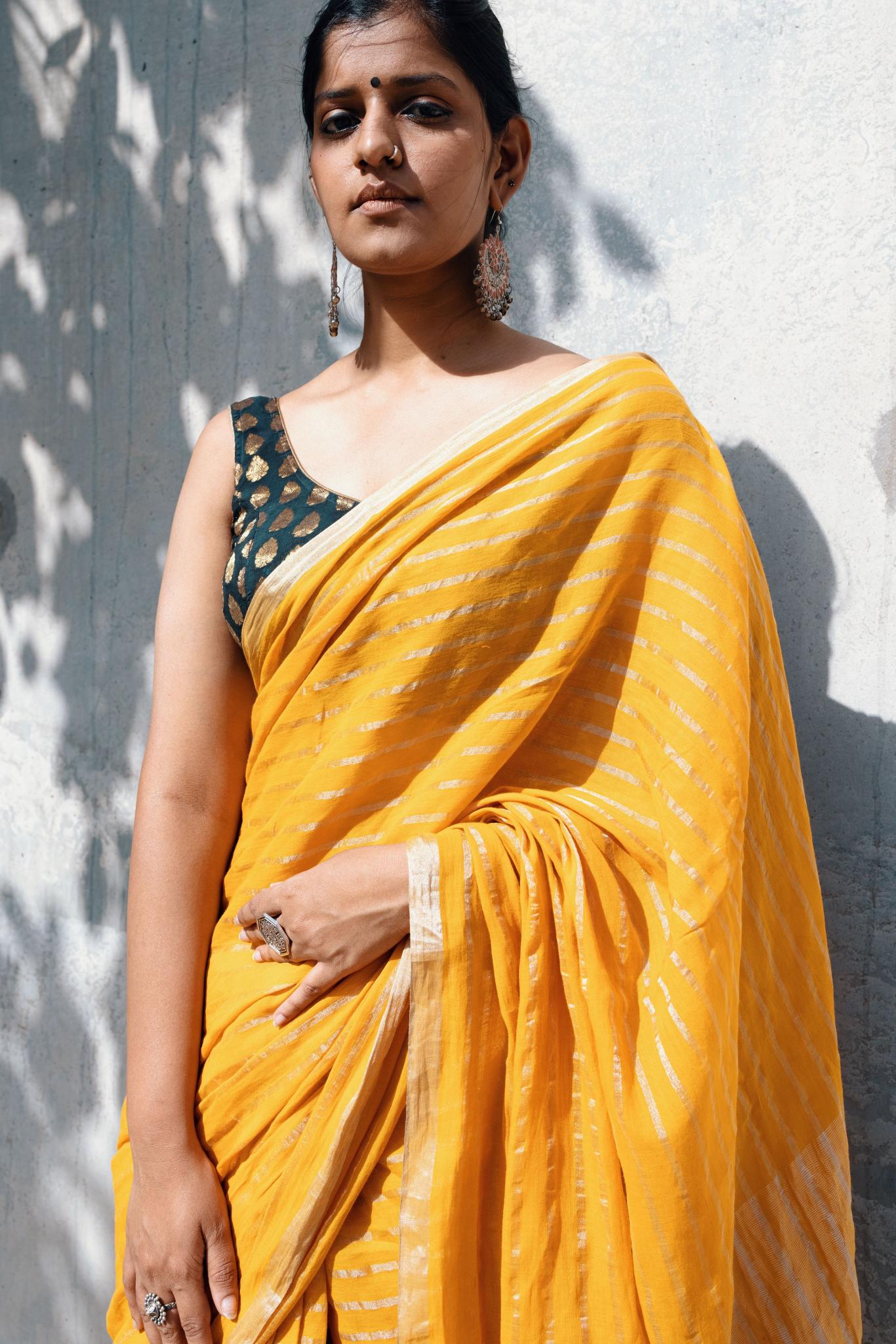 Celebrating Bengal craft traditions - Sitara- Mustard zari cotton saree