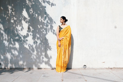 Celebrating Bengal craft traditions - Sitara- Mustard zari cotton saree