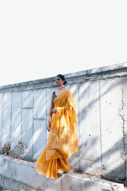 Celebrating Bengal craft traditions - Sitara- Mustard zari cotton saree