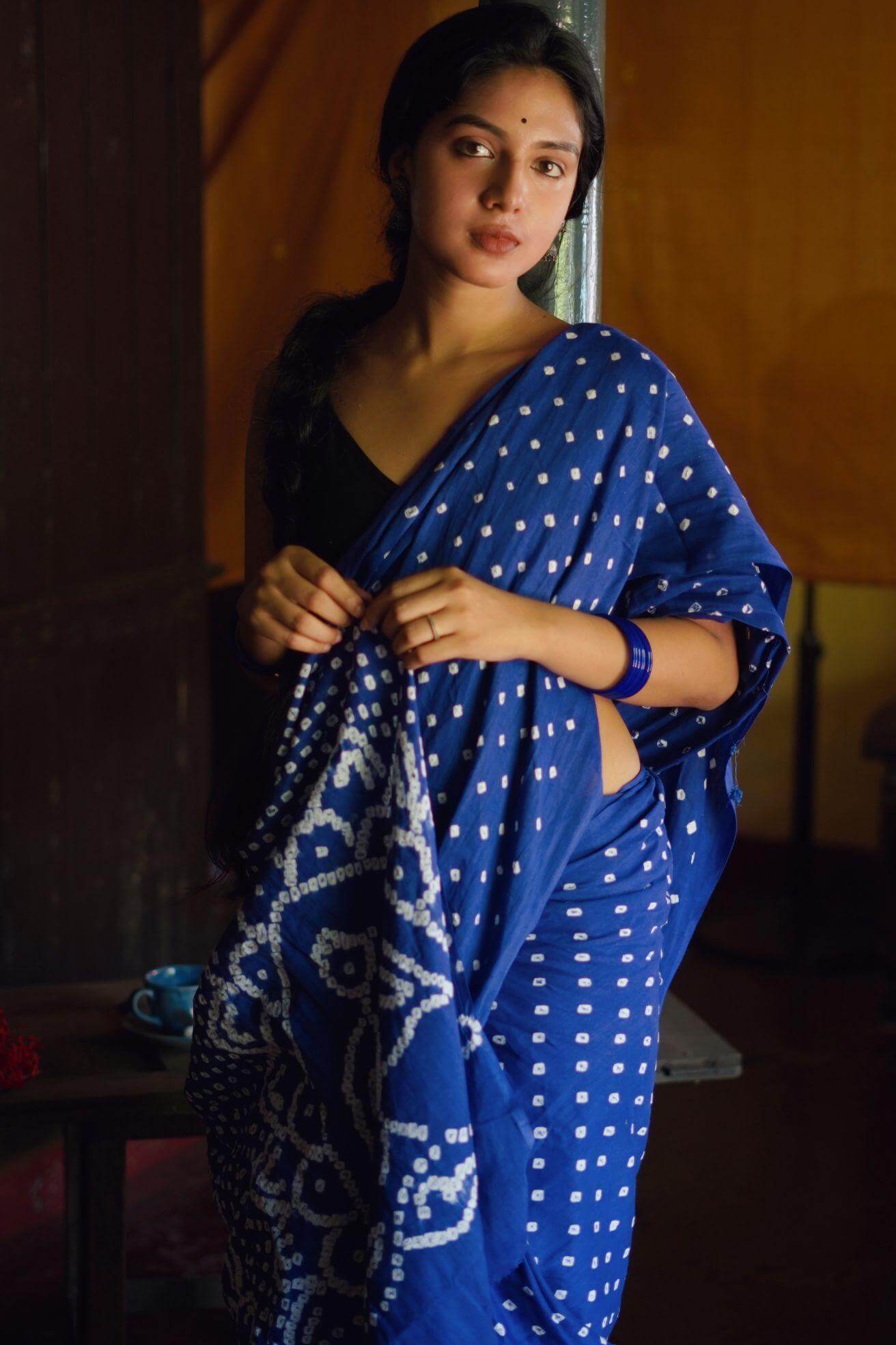Boond - Bandhani Blue cotton Bandhani cotton saree Kaisori