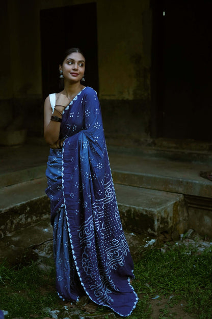 Boond - Bandhani blue  shaded Bandhani cotton saree Kaisori