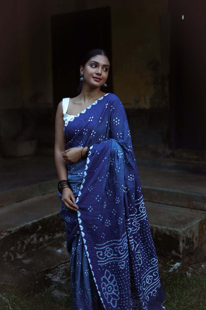 Boond - Bandhani blue  shaded Bandhani cotton saree Kaisori