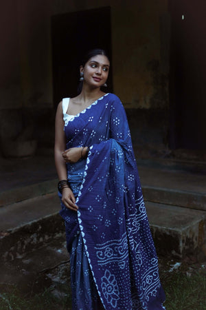 Blue printed silk bandhani sarees bandhej - Vedant Vastram - 4233700