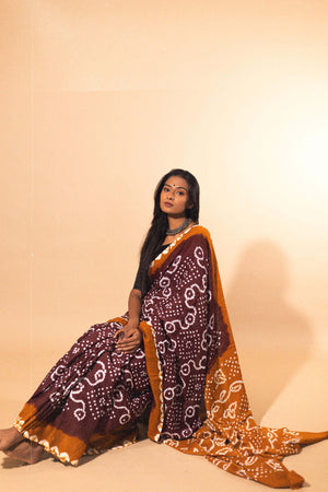 Boond - Bandhani mustard and brown cotton Bandhani cotton saree Kaisori