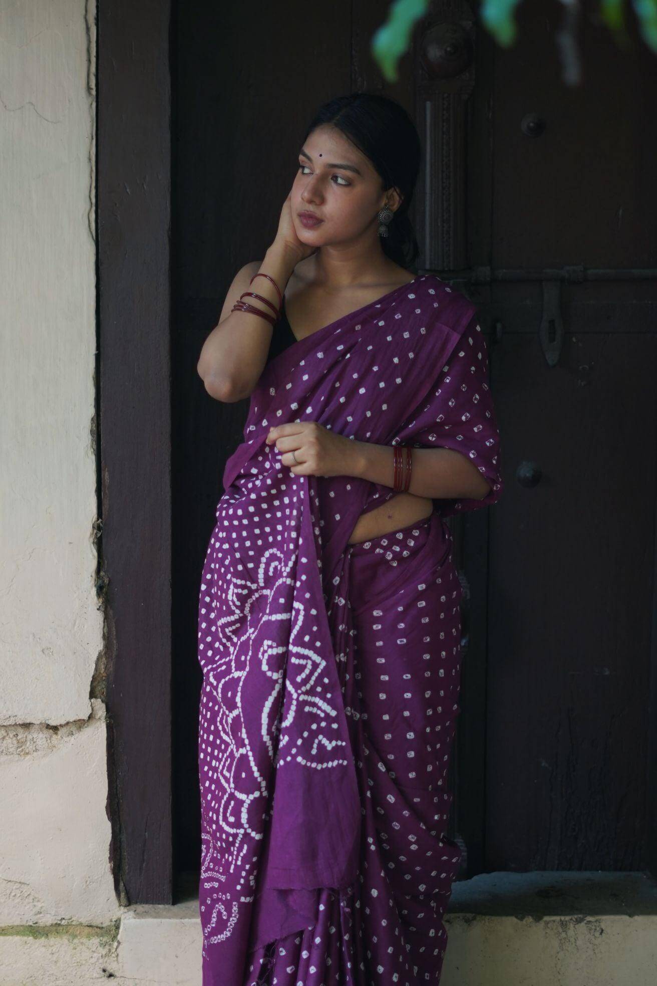 Boond -  Bandhani purple cotton Bandhani  cotton saree Kaisori