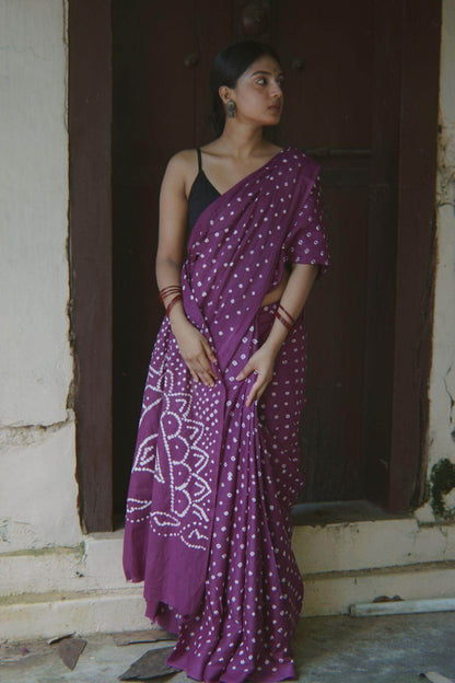 Boond -  Bandhani purple cotton Bandhani  cotton saree Kaisori