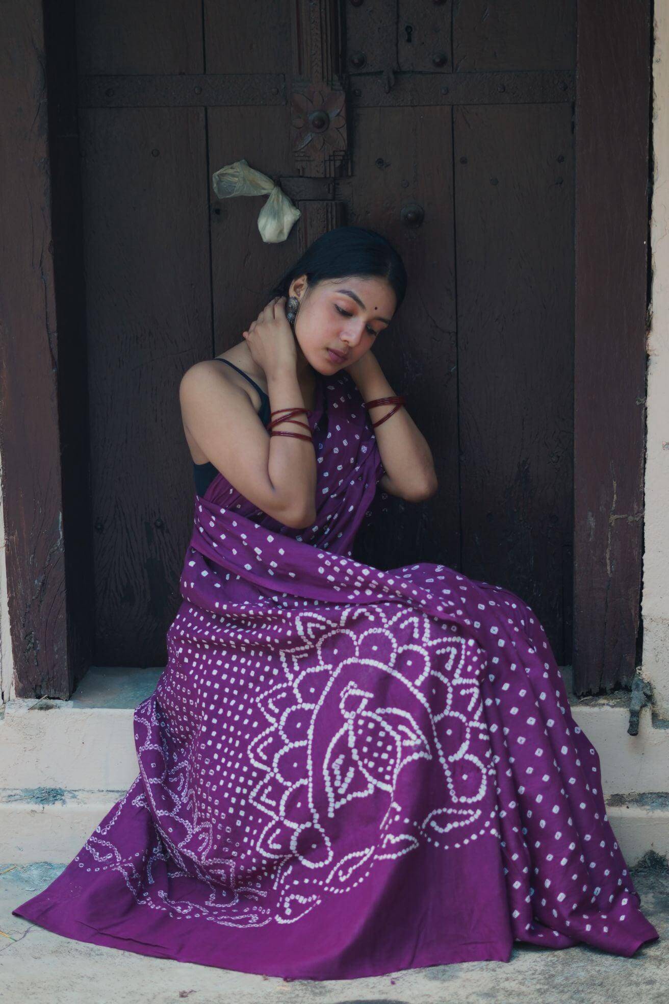 Boond -  Bandhani purple cotton Bandhani  cotton saree Kaisori