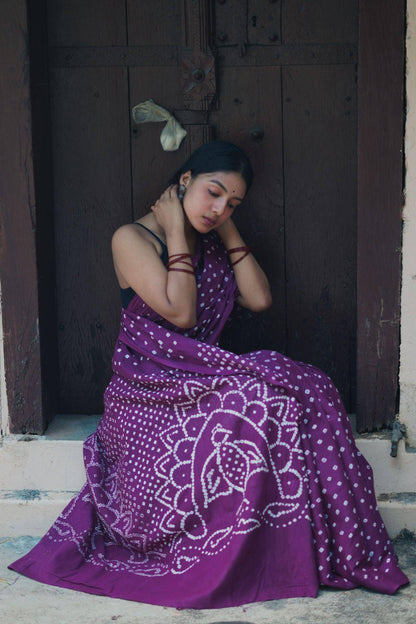 Boond -  Bandhani purple cotton Bandhani  cotton saree Kaisori