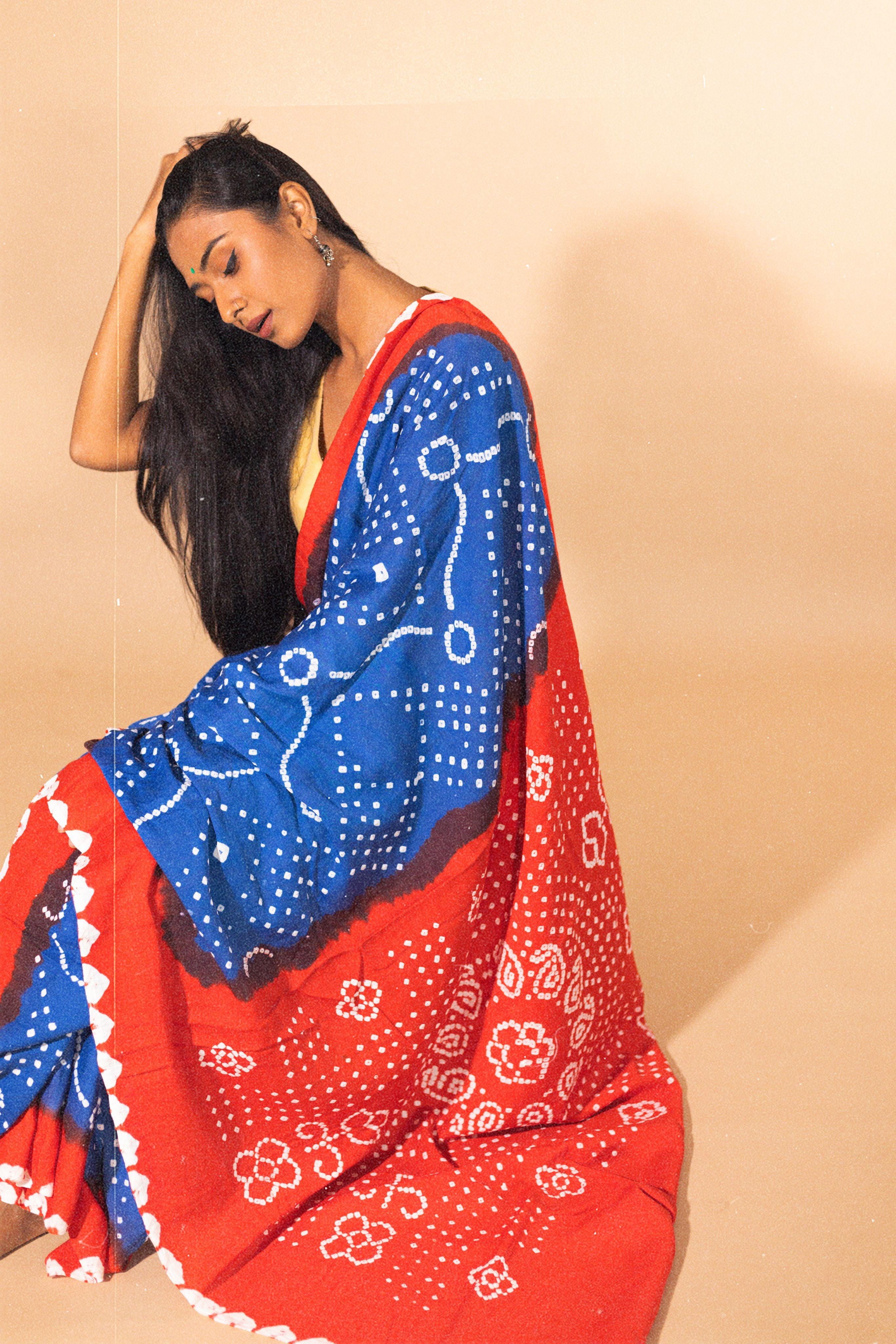 Boond - Kaisori Bandhani orange and blue Bandani  cotton designer saree Kaisori