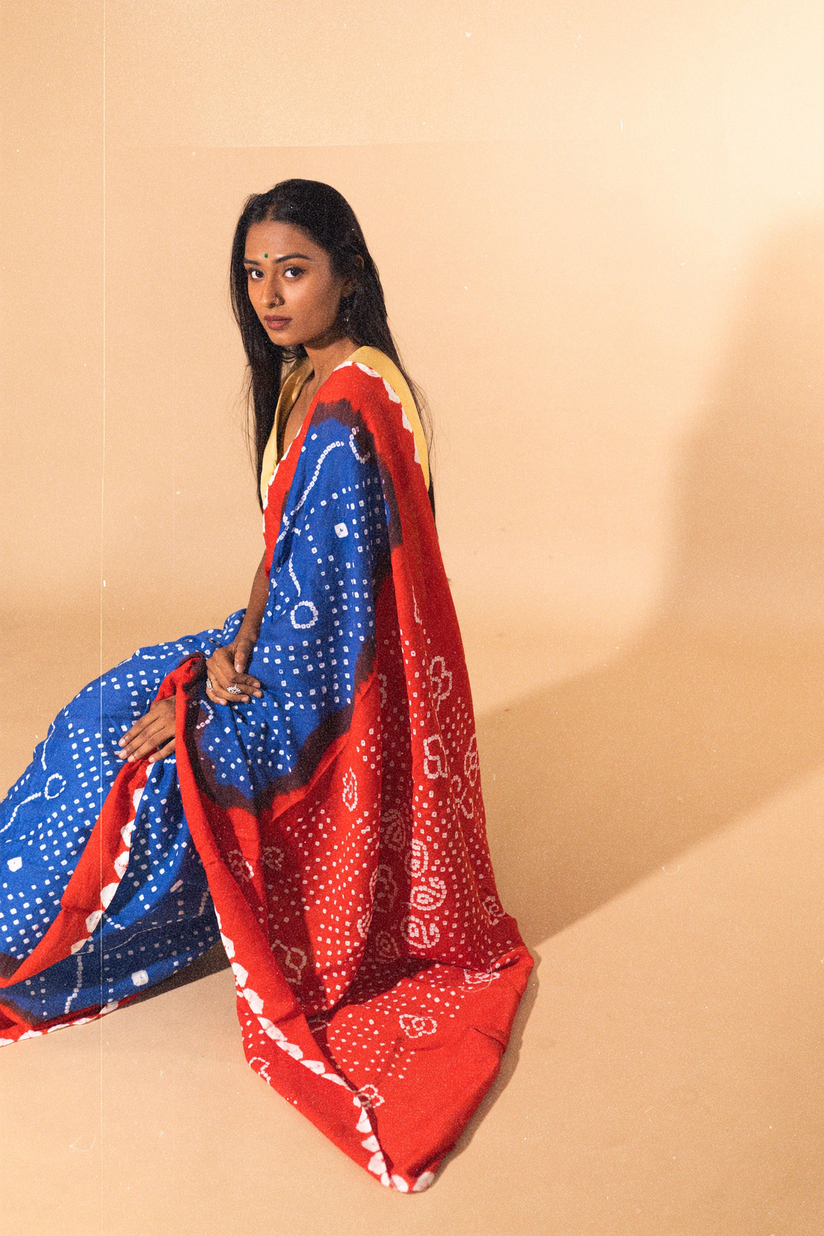 Boond - Kaisori Bandhani orange and blue Bandani  cotton designer saree Kaisori