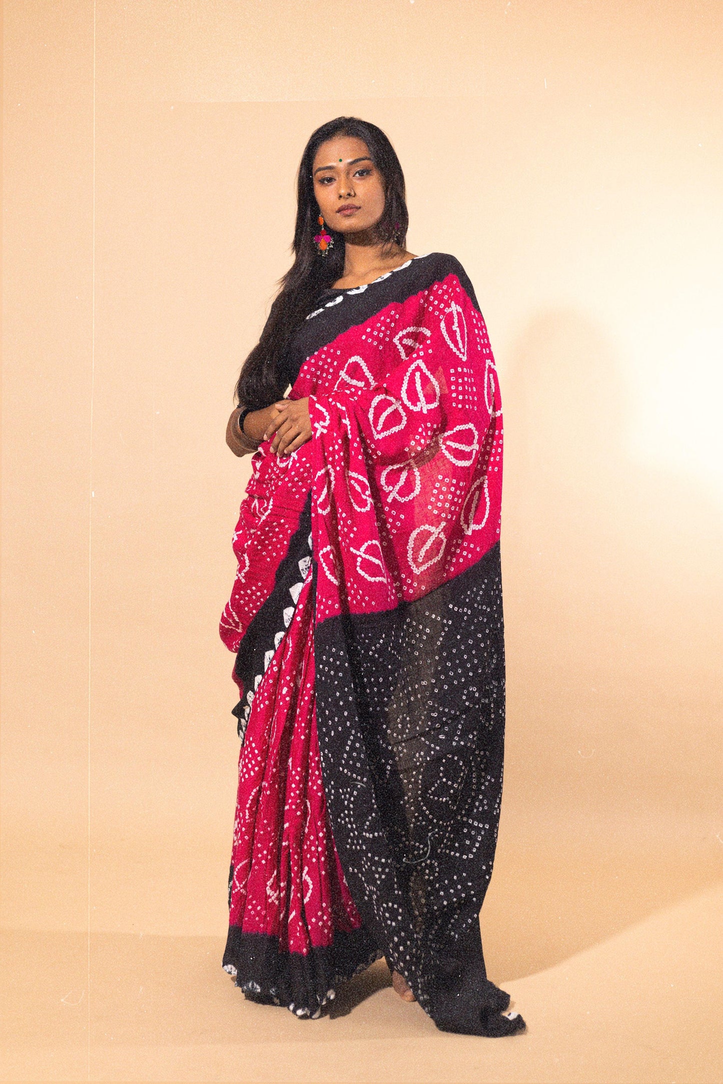 Boond - KaisoriBandhani pink and black Bandhani cotton saree Kaisori