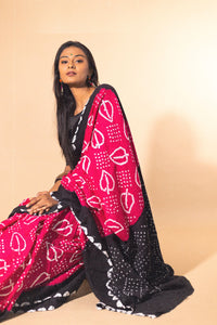 Boond - KaisoriBandhani pink and black Bandhani cotton saree Kaisori