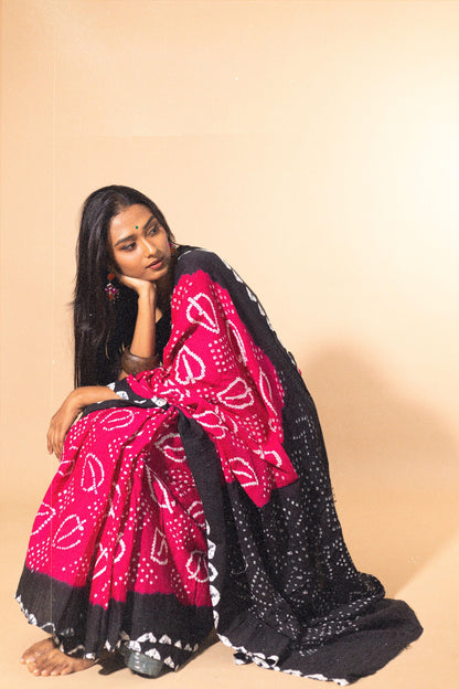 Boond - KaisoriBandhani pink and black Bandhani cotton saree Kaisori