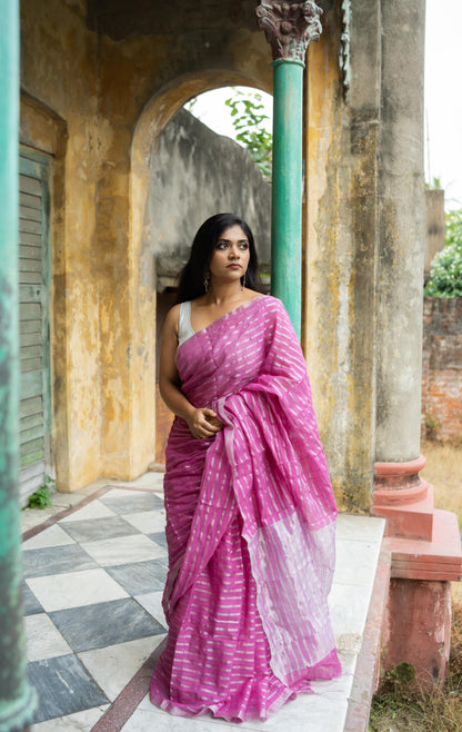 Weaves of Bengal - Sitara - Pink zari cotton saree