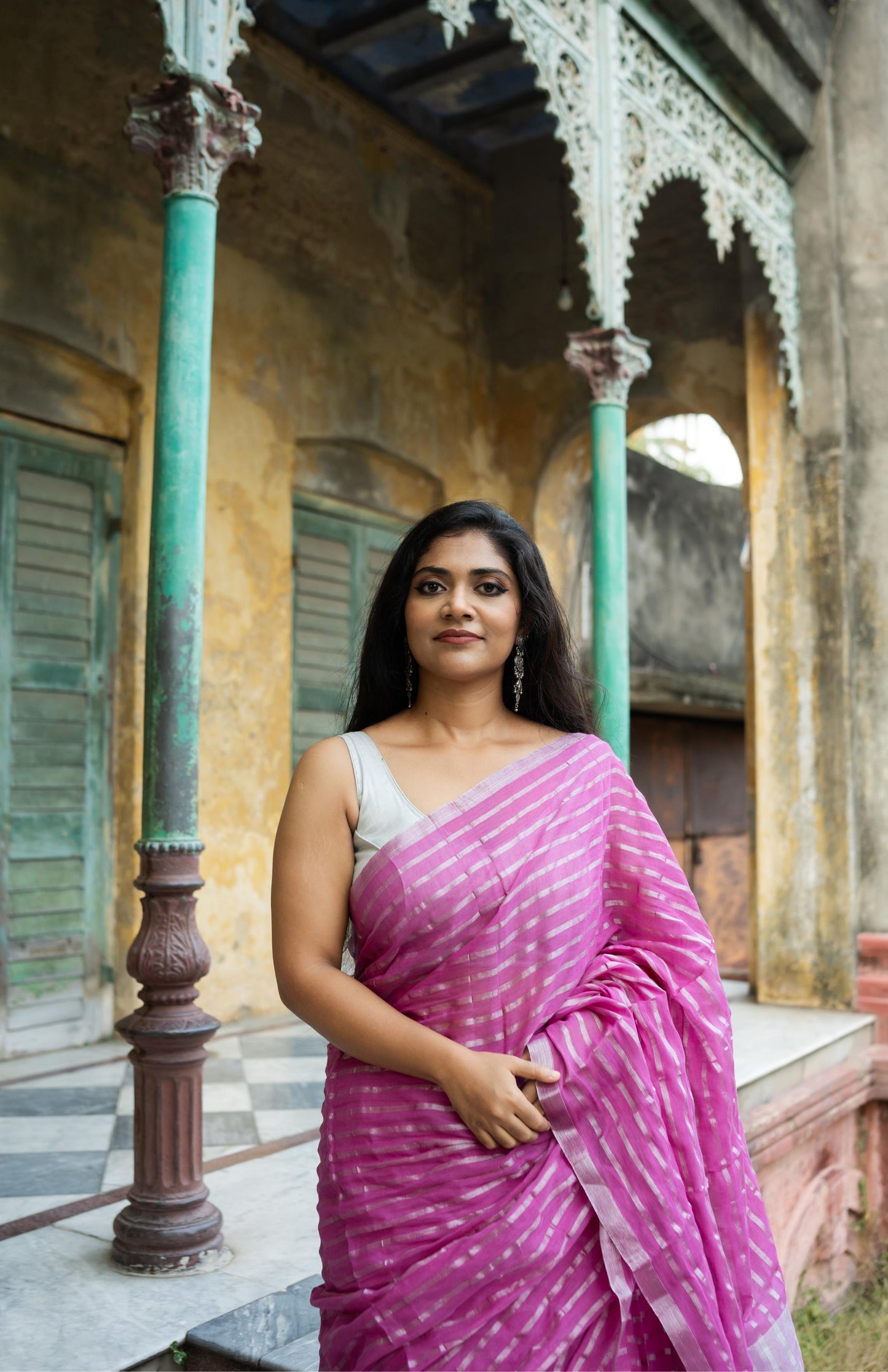 Weaves of Bengal - Sitara - Pink zari cotton saree