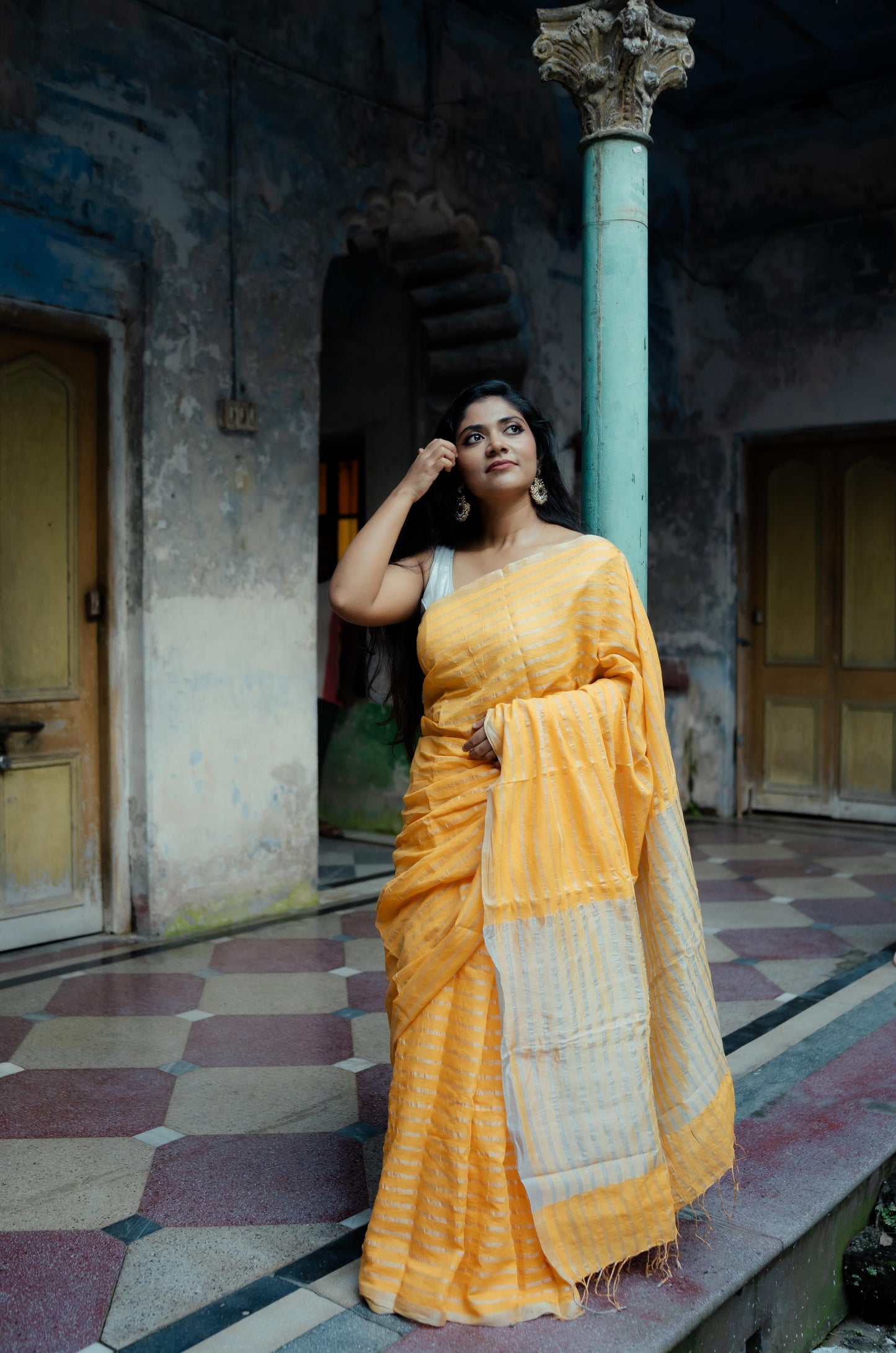 Weaves of Bengal - Sitara - Yellow zari cotton saree