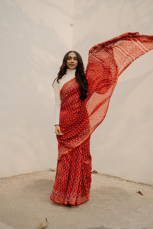 Kaisori Malhar - Dabu Pharad Laal booti  handblockprinted Silk Cotton saree