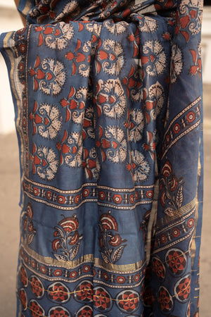Kaisori Malhar - Dabu Pharad Indigo Kusum handblockprinted Silk Cotton saree