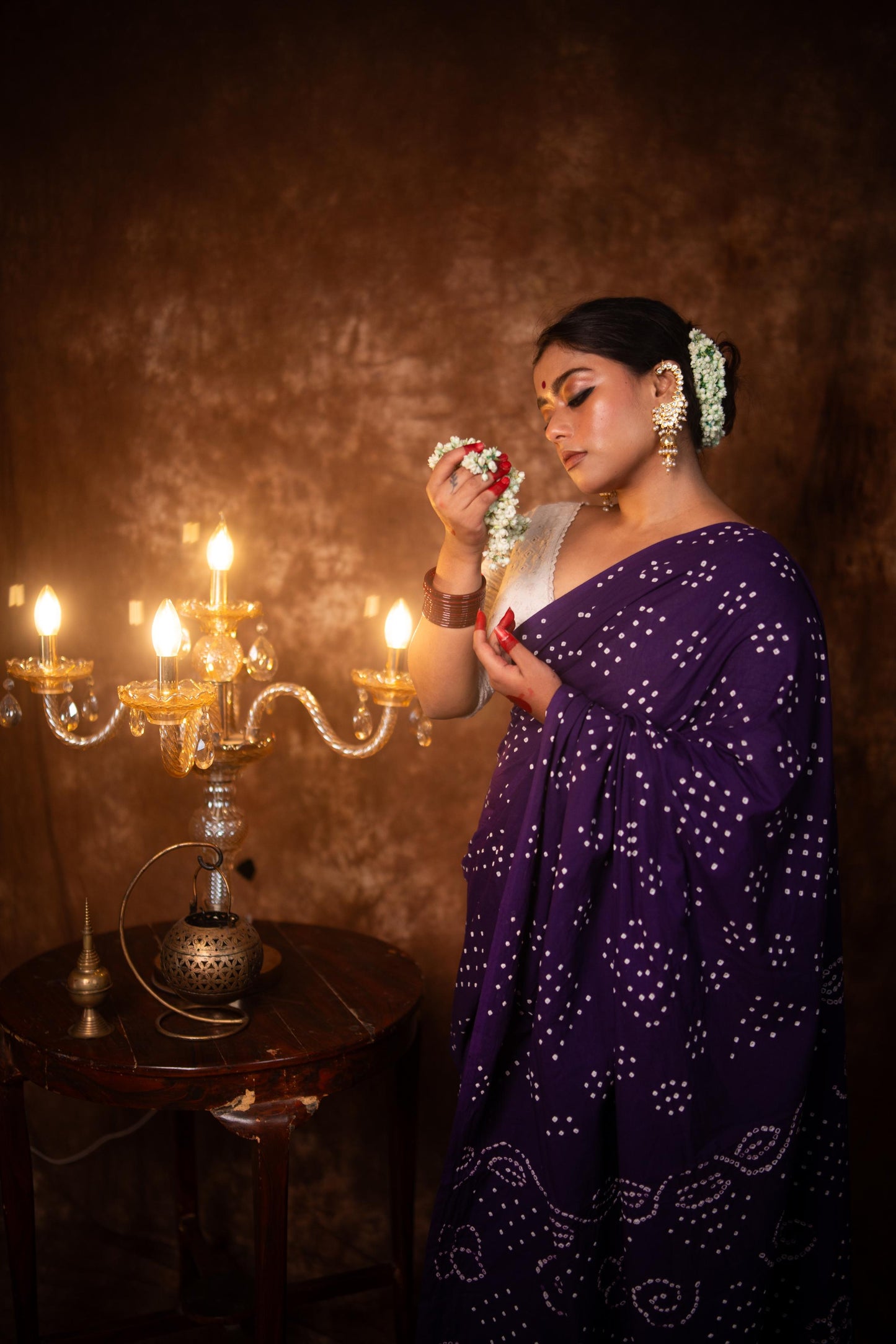 Hand knotted Kutchi Bandhani Dark Green cotton saree - Boondh