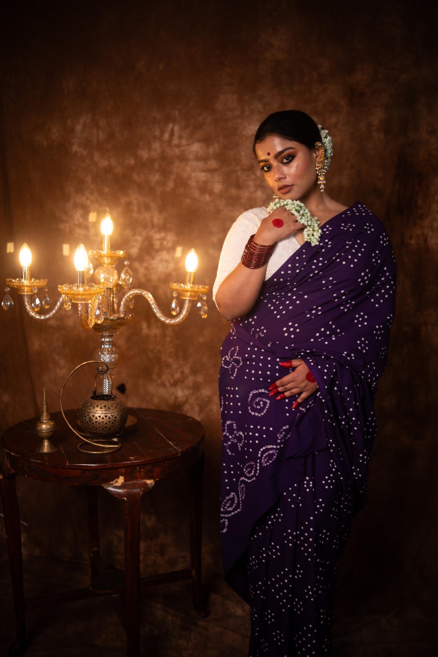 Hand knotted Kutchi Bandhani Dark Green cotton saree - Boondh