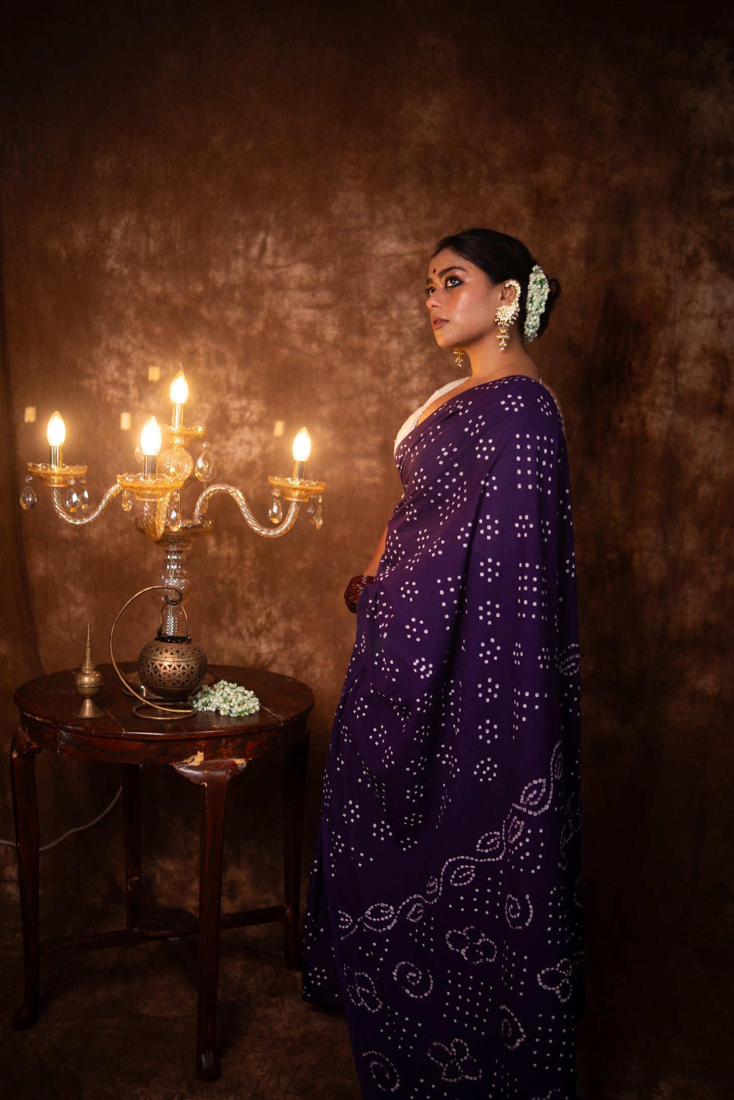 Hand knotted Kutchi Bandhani Dark Green cotton saree - Boondh