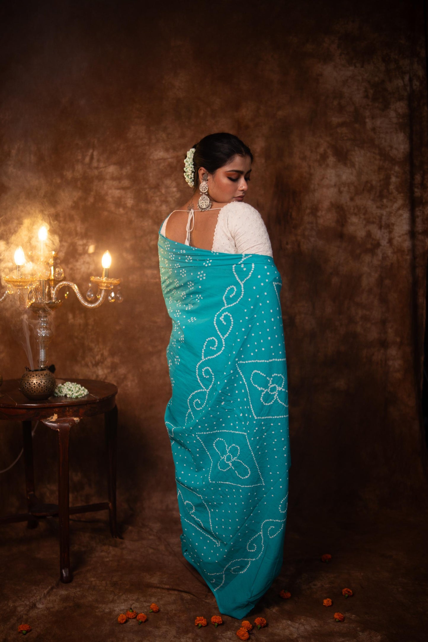 Hand knotted Kutchi Bandhani Blue cotton saree - Boondh