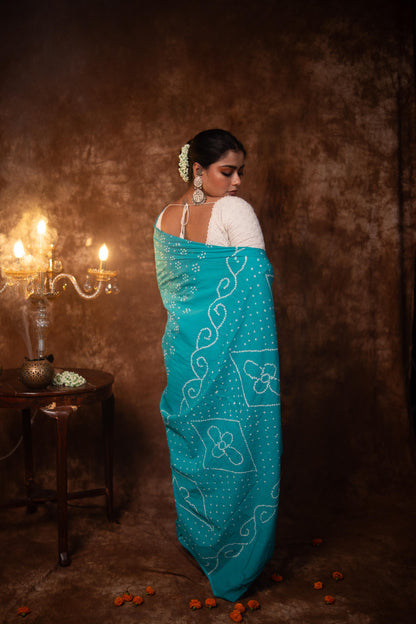 Hand knotted Kutchi Bandhani Blue cotton saree - Boondh