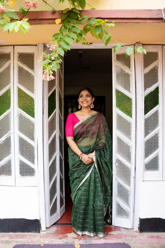 Utsav Silver Zari Green Chanderi  Saree